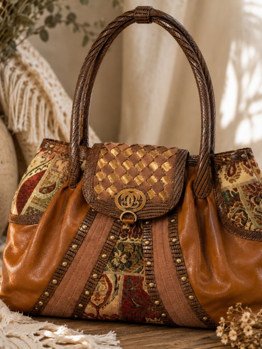 Sharif Brown and Gold Patchwork Leather Shoulder Bag - Picture 1 of 12
